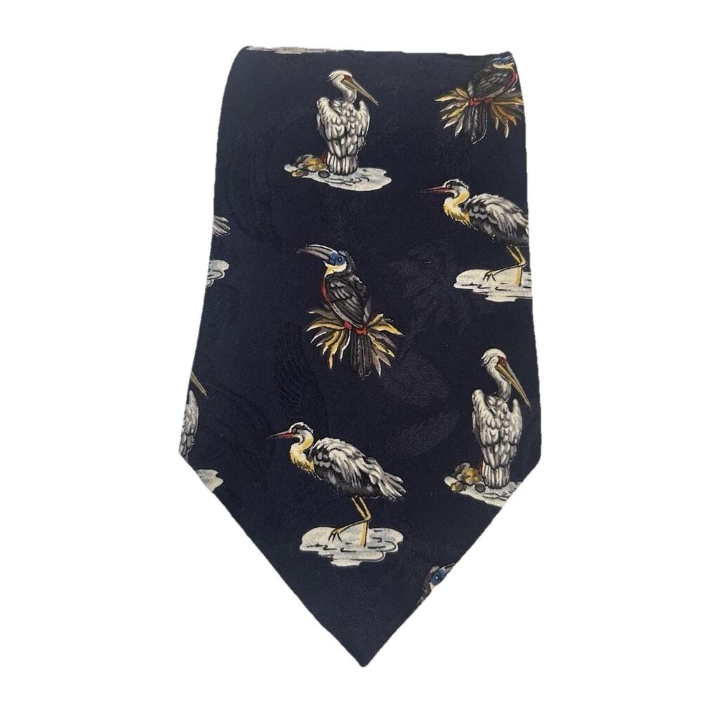 Vtg 1990s Endangered Species Mens Silk Tie Black 4” Crane Pelican Bird Novelty